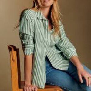 Sezane Tomboy Shirt Ecru Green Stripes - Size 6
